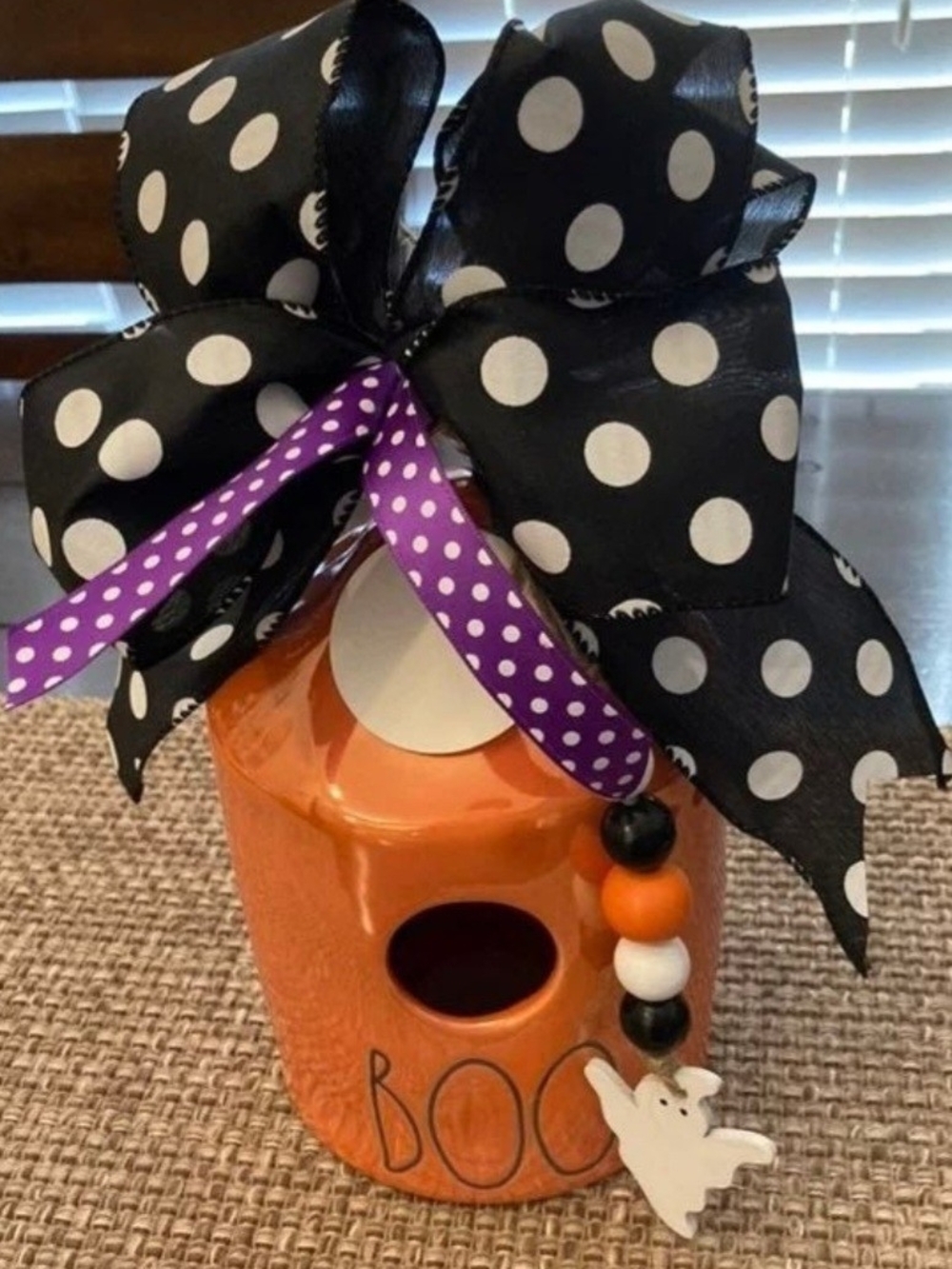 Rae Dunn Orange Halloween Ceramic BOO Decoration with Polka Dot Bow